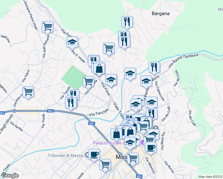 map of restaurants, bars, coffee shops, grocery stores, and more near 30 Via Foce in Massa