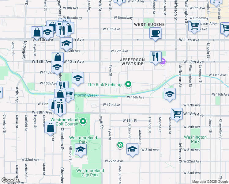 map of restaurants, bars, coffee shops, grocery stores, and more near 1150 West 15th Avenue in Eugene