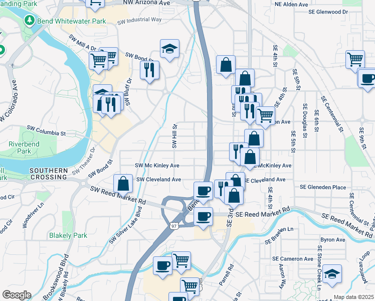 map of restaurants, bars, coffee shops, grocery stores, and more near 45 Southwest Taft Avenue in Bend