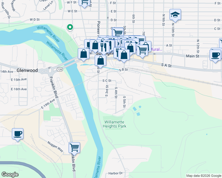 map of restaurants, bars, coffee shops, grocery stores, and more near 308 South 4th Street in Springfield