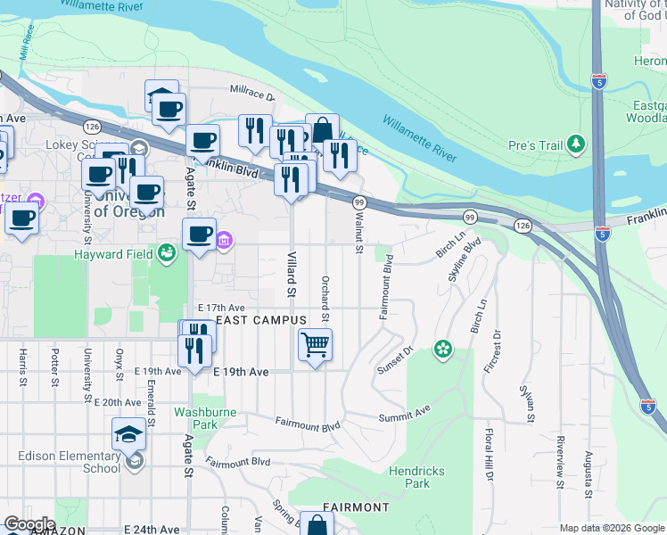 map of restaurants, bars, coffee shops, grocery stores, and more near 1505 Orchard Street in Eugene