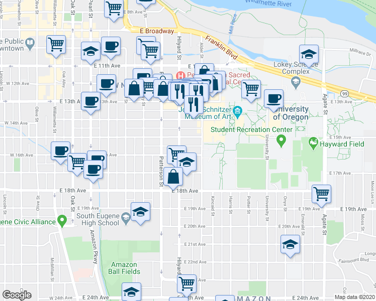 map of restaurants, bars, coffee shops, grocery stores, and more near 758 East 15th Avenue in Eugene