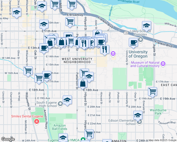 map of restaurants, bars, coffee shops, grocery stores, and more near 758 East 15th Avenue in Eugene