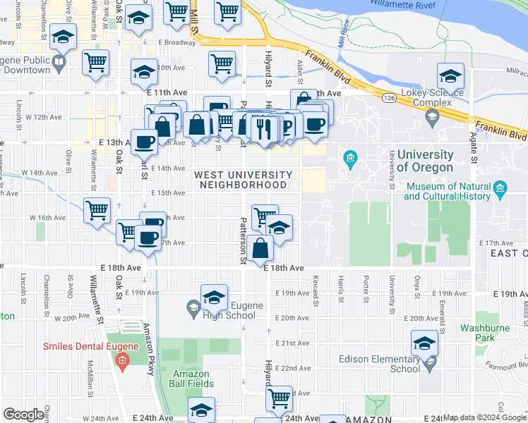 map of restaurants, bars, coffee shops, grocery stores, and more near 1526 Hilyard Street in Eugene