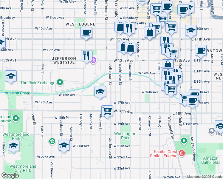 map of restaurants, bars, coffee shops, grocery stores, and more near 520 West 15th Avenue in Eugene