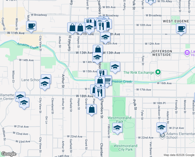 map of restaurants, bars, coffee shops, grocery stores, and more near 1520 Chambers Street in Eugene