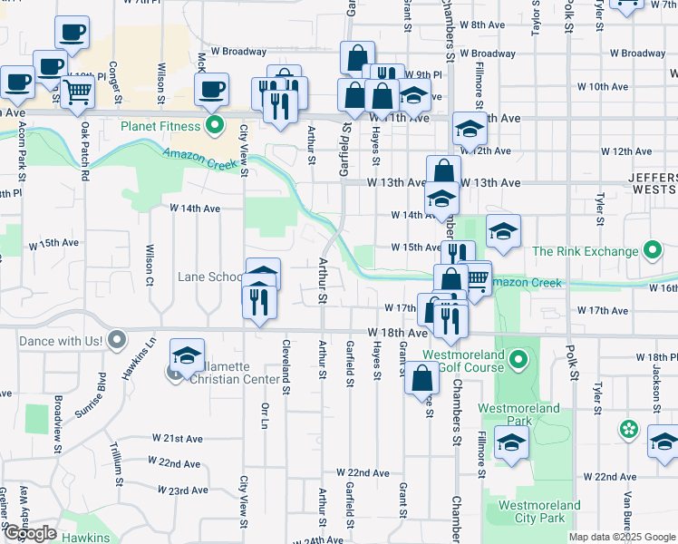 map of restaurants, bars, coffee shops, grocery stores, and more near 1569 Garfield Place in Eugene