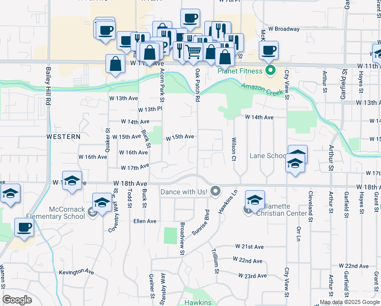 map of restaurants, bars, coffee shops, grocery stores, and more near 3002 West 15th Avenue in Eugene