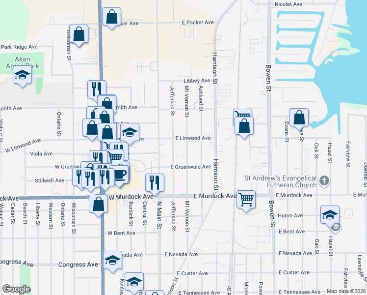 map of restaurants, bars, coffee shops, grocery stores, and more near 2024 Jefferson Street in Oshkosh