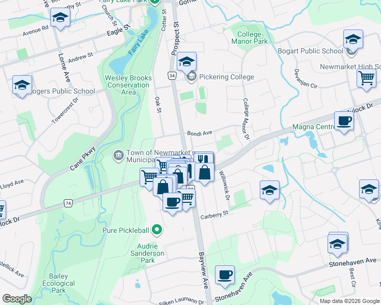 map of restaurants, bars, coffee shops, grocery stores, and more near 522 Ainsworth Drive in Newmarket