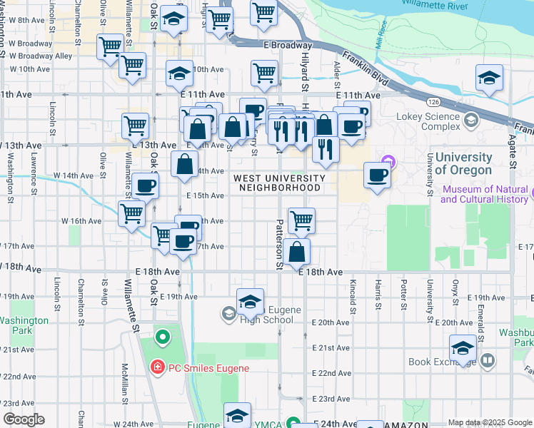 map of restaurants, bars, coffee shops, grocery stores, and more near 548 East 15th Alley in Eugene