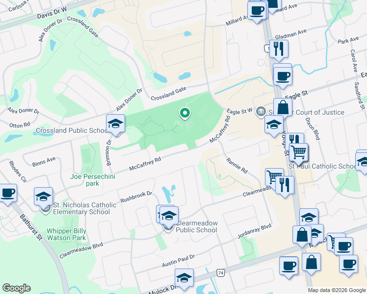 map of restaurants, bars, coffee shops, grocery stores, and more near 197 McCaffrey Road in Newmarket