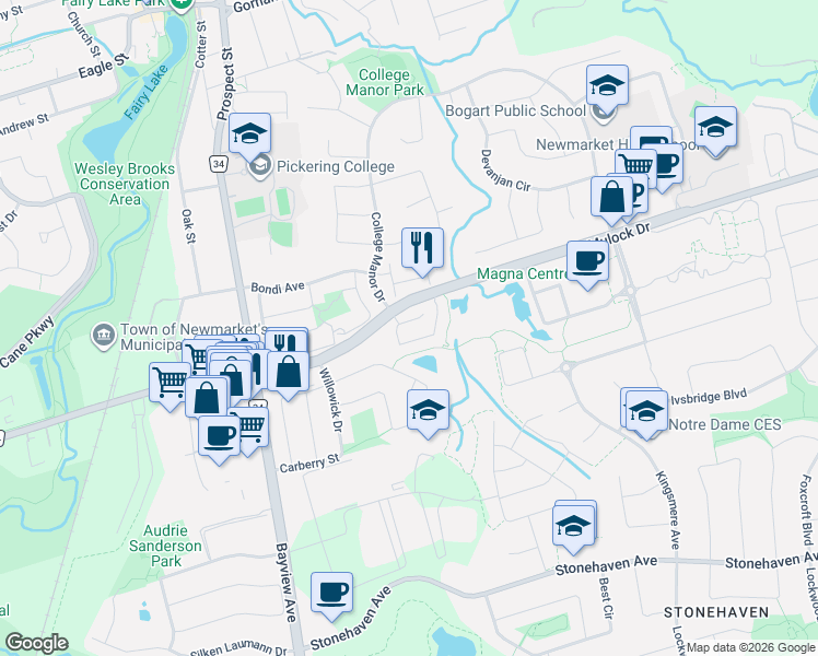 map of restaurants, bars, coffee shops, grocery stores, and more near 678 Skye Court in Newmarket