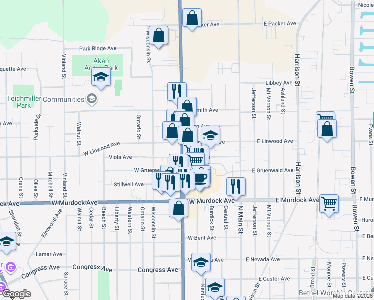map of restaurants, bars, coffee shops, grocery stores, and more near 315 West Linwood Avenue in Oshkosh