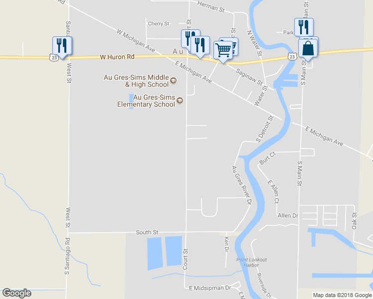 map of restaurants, bars, coffee shops, grocery stores, and more near 501 Au Gres River Drive in Au Gres