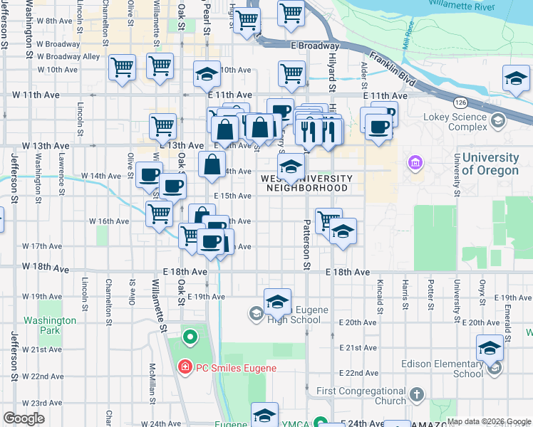 map of restaurants, bars, coffee shops, grocery stores, and more near 1528 Ferry Street in Eugene