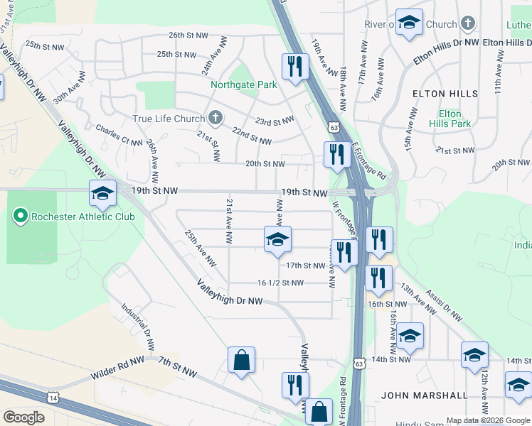 map of restaurants, bars, coffee shops, grocery stores, and more near 1835 19th Avenue Northwest in Rochester