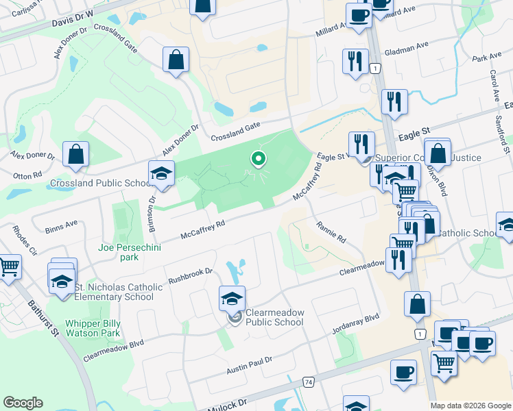 map of restaurants, bars, coffee shops, grocery stores, and more near 197 McCaffrey Road in Newmarket
