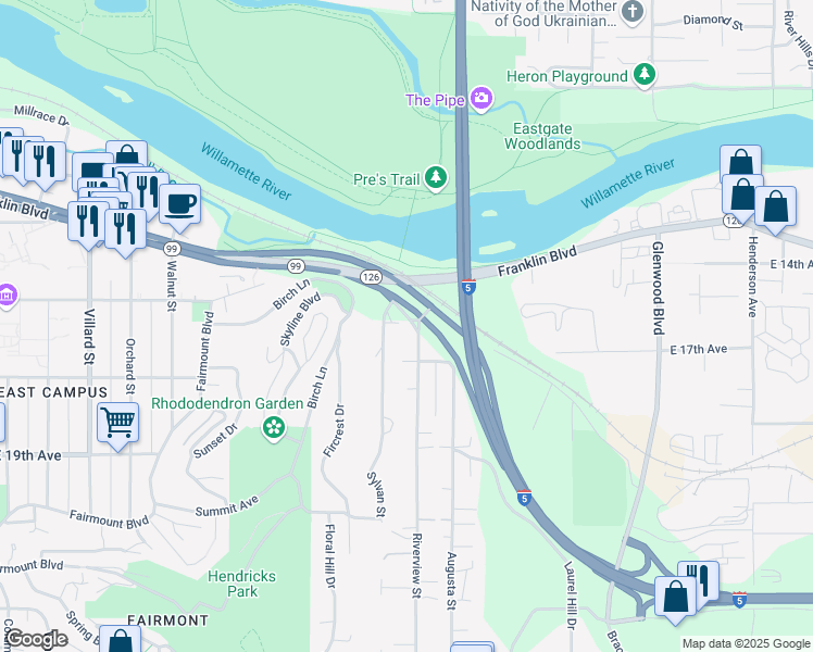 map of restaurants, bars, coffee shops, grocery stores, and more near 1512 Riverview Street in Eugene