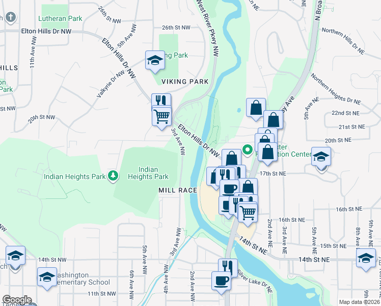 map of restaurants, bars, coffee shops, grocery stores, and more near 1880 3rd Avenue Northwest in Rochester