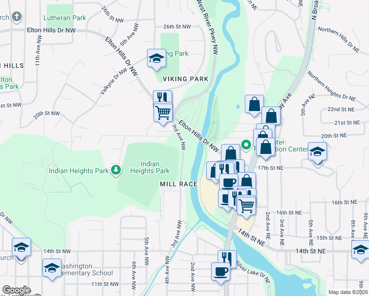 map of restaurants, bars, coffee shops, grocery stores, and more near 1880 3rd Avenue Northwest in Rochester