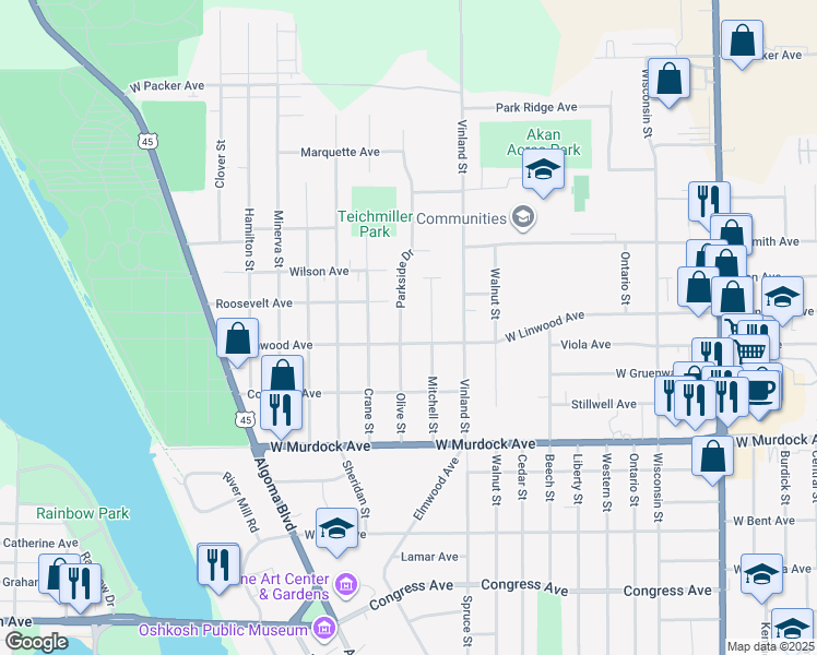 map of restaurants, bars, coffee shops, grocery stores, and more near 2055 Parkside Drive in Oshkosh