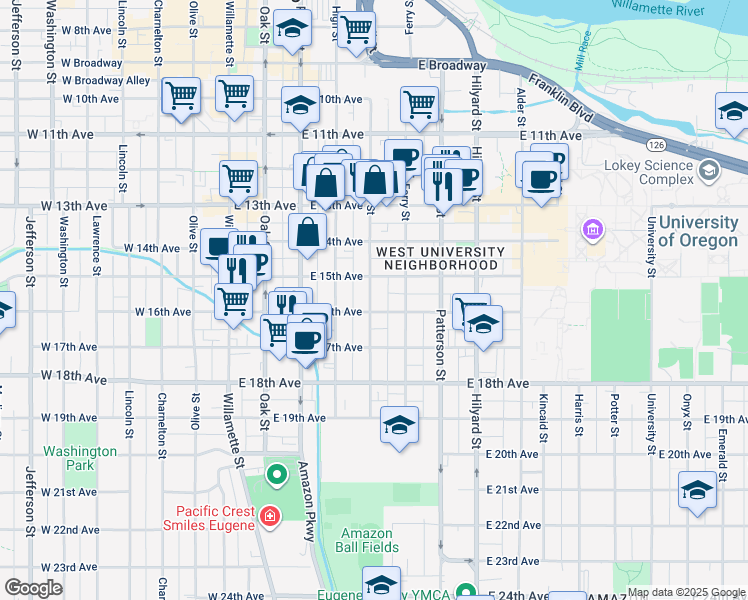 map of restaurants, bars, coffee shops, grocery stores, and more near 1571 Mill Street in Eugene