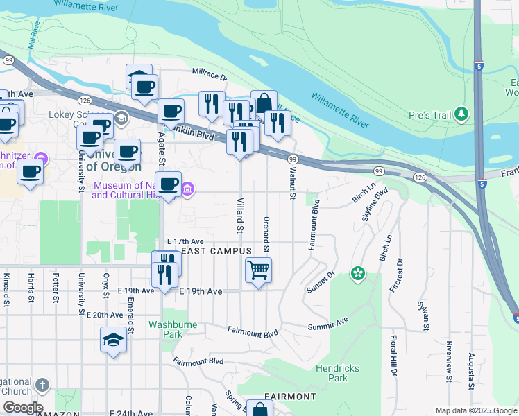 map of restaurants, bars, coffee shops, grocery stores, and more near 1505 Orchard Street in Eugene