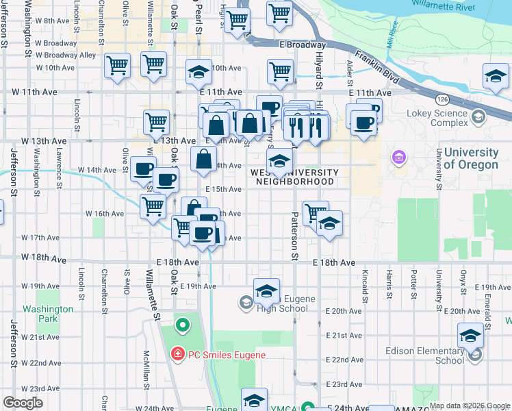 map of restaurants, bars, coffee shops, grocery stores, and more near 1528 Ferry Street in Eugene