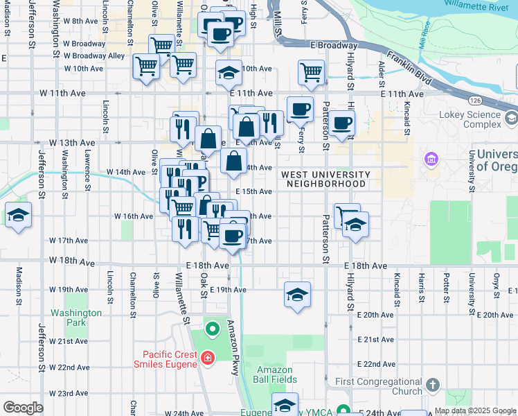 map of restaurants, bars, coffee shops, grocery stores, and more near 1530 High Street in Eugene
