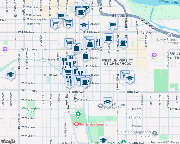 map of restaurants, bars, coffee shops, grocery stores, and more near 1530 High Street in Eugene
