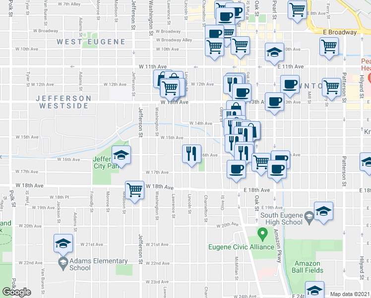 map of restaurants, bars, coffee shops, grocery stores, and more near 1521 Lincoln Alley in Eugene