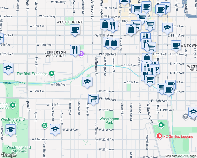 map of restaurants, bars, coffee shops, grocery stores, and more near 520 West 15th Avenue in Eugene