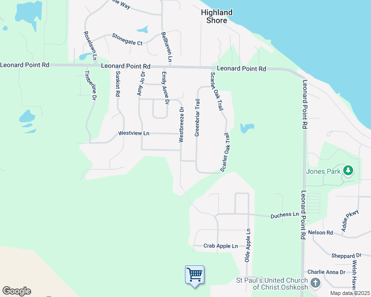 map of restaurants, bars, coffee shops, grocery stores, and more near 1858 Westbreeze Drive in Oshkosh