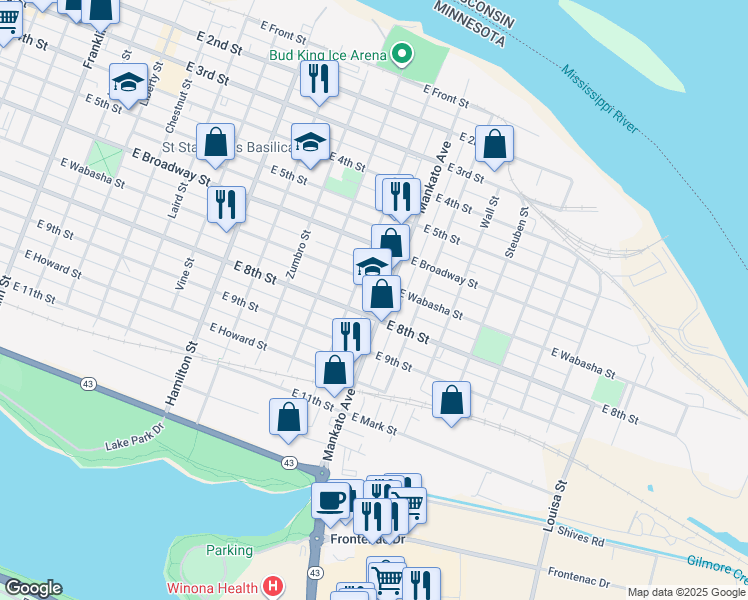 map of restaurants, bars, coffee shops, grocery stores, and more near 365 Mankato Avenue in Winona