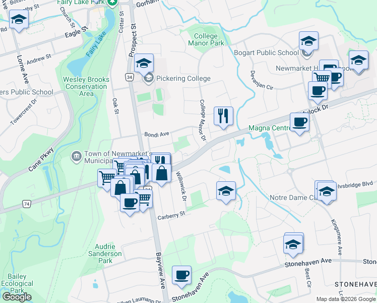 map of restaurants, bars, coffee shops, grocery stores, and more near 507 Rourke Place in Newmarket