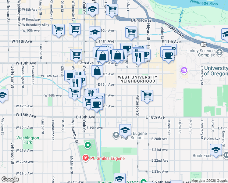 map of restaurants, bars, coffee shops, grocery stores, and more near 1566 Mill Street in Eugene