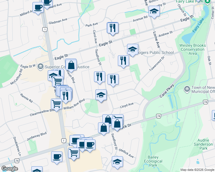 map of restaurants, bars, coffee shops, grocery stores, and more near 409 Sandford Street in Newmarket