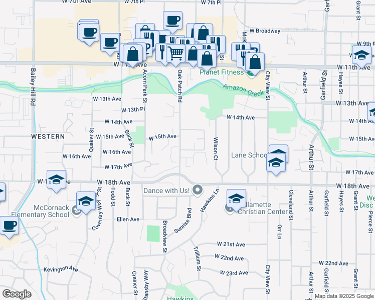 map of restaurants, bars, coffee shops, grocery stores, and more near 1621 Oak Patch Road in Eugene