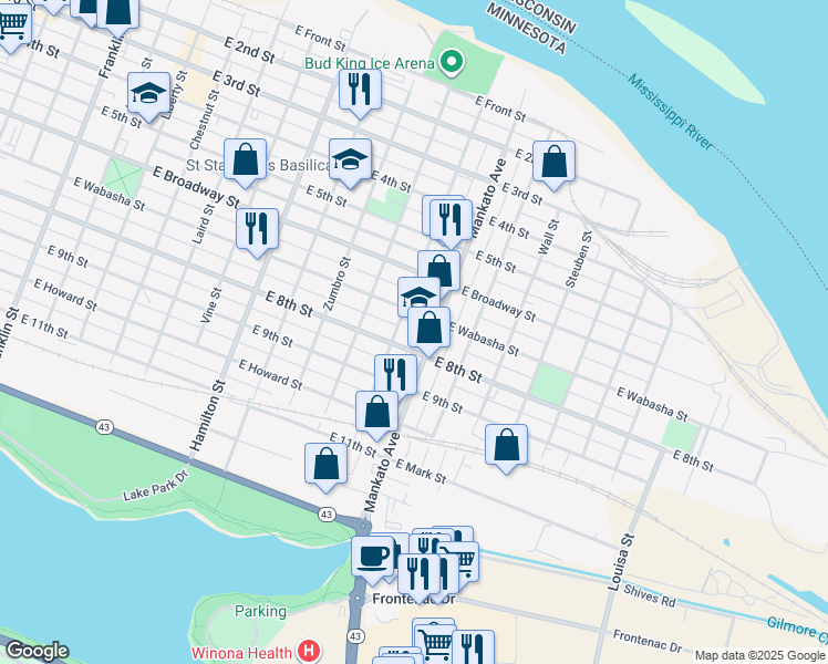 map of restaurants, bars, coffee shops, grocery stores, and more near 365 Mankato Avenue in Winona