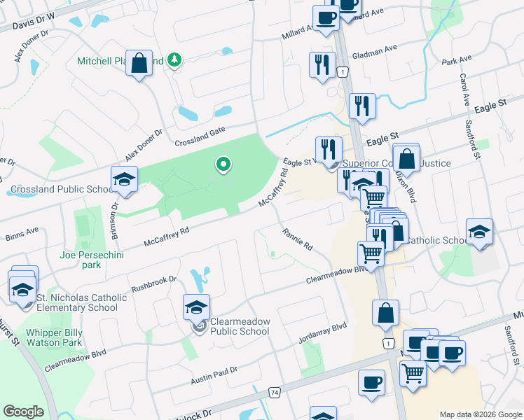 map of restaurants, bars, coffee shops, grocery stores, and more near 152 McCaffrey Road in Newmarket