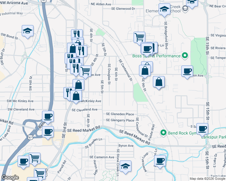map of restaurants, bars, coffee shops, grocery stores, and more near 732 Southeast Douglas Street in Bend
