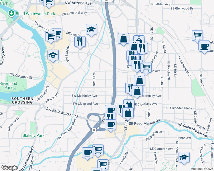 map of restaurants, bars, coffee shops, grocery stores, and more near 10 Southeast Roosevelt Avenue in Bend