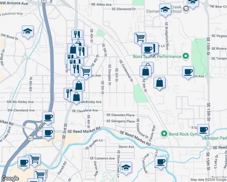 map of restaurants, bars, coffee shops, grocery stores, and more near 732 Southeast Douglas Street in Bend