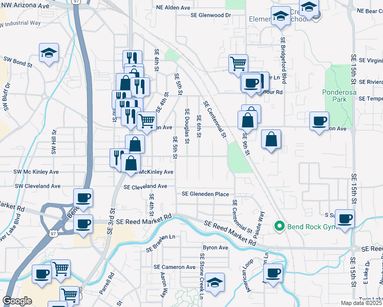 map of restaurants, bars, coffee shops, grocery stores, and more near 732 Southeast Douglas Street in Bend