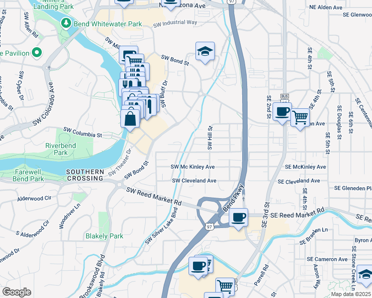 map of restaurants, bars, coffee shops, grocery stores, and more near 753 Southwest Silver Lake Boulevard in Bend