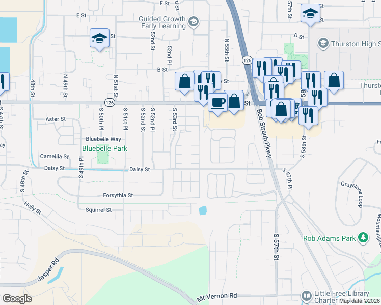 map of restaurants, bars, coffee shops, grocery stores, and more near 5335 Main Street in Springfield