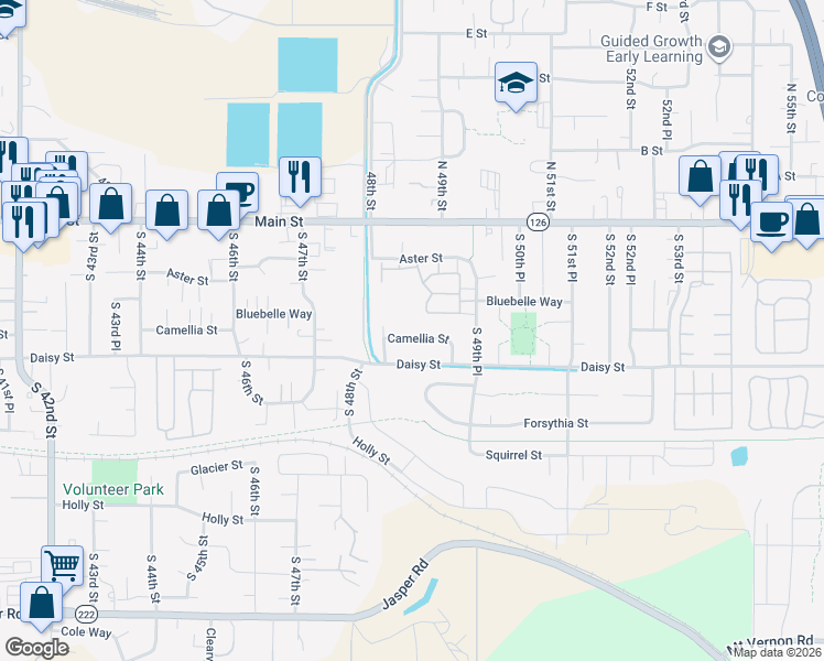 map of restaurants, bars, coffee shops, grocery stores, and more near 4842 Camellia Street in Springfield