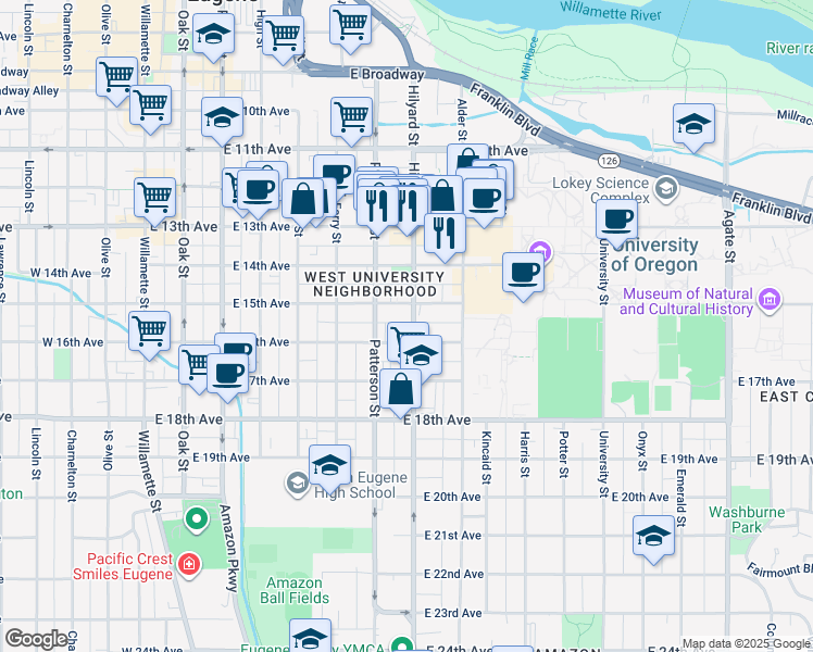 map of restaurants, bars, coffee shops, grocery stores, and more near 1526 Hilyard Street in Eugene