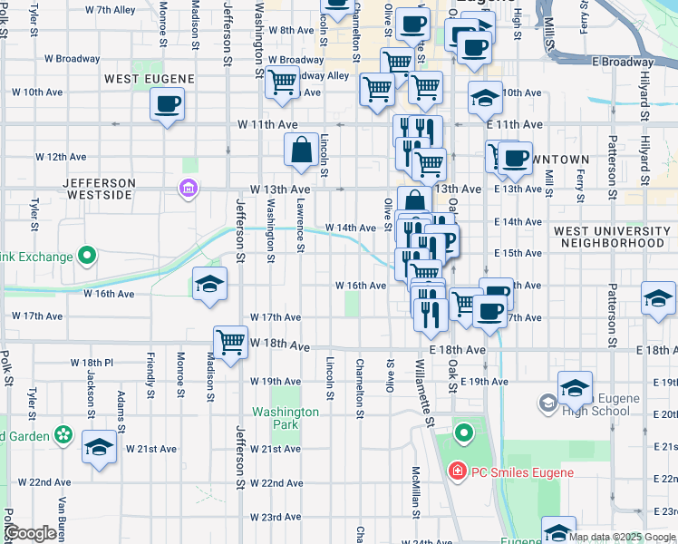 map of restaurants, bars, coffee shops, grocery stores, and more near 1528 Charnelton Street in Eugene